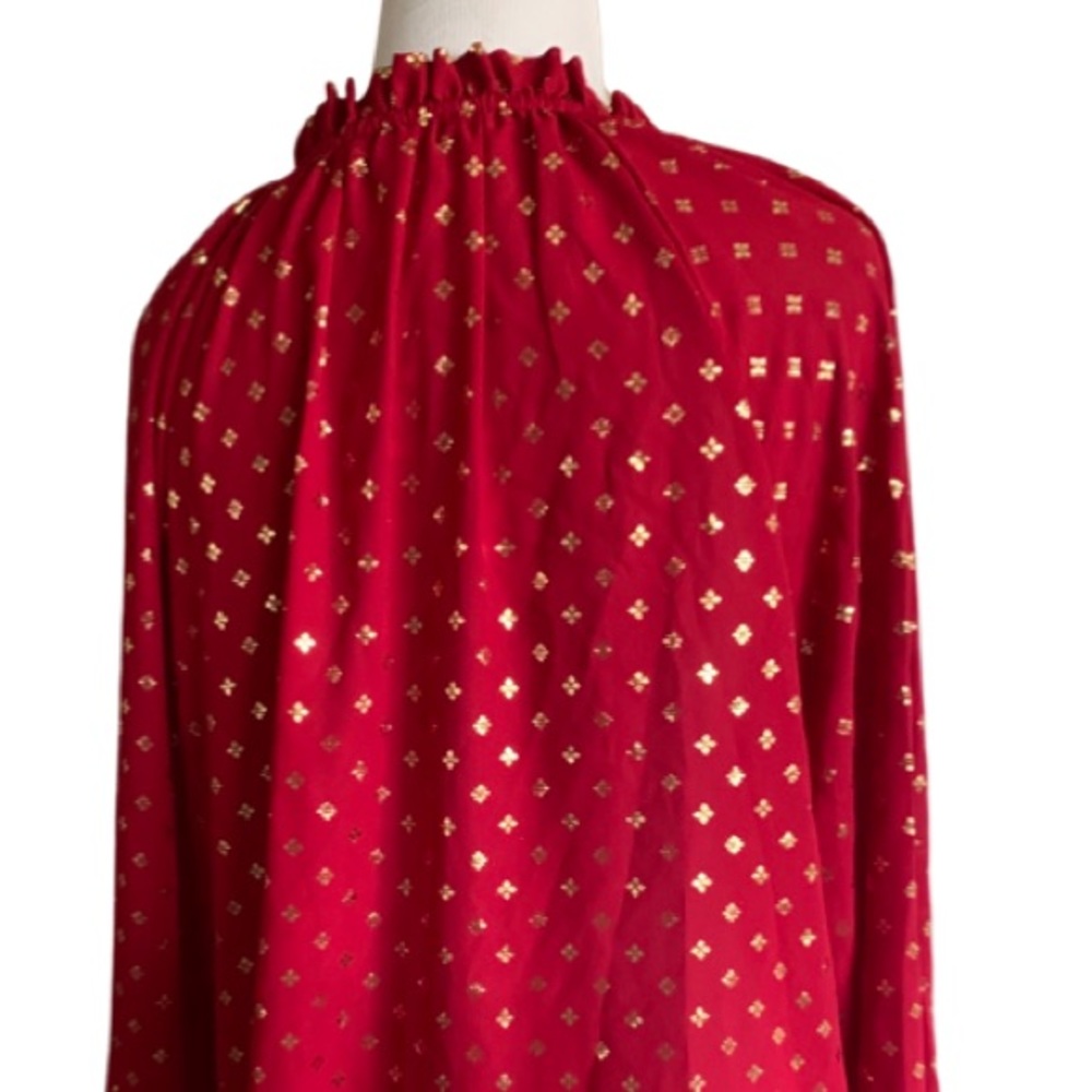 NWT Red Foil Ruffle Relaxed Fit Smocked Peasant Edwardian Holiday Blouse Sz Med - Picture 8 of 14